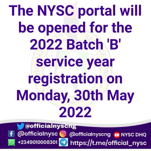 NYSC Opens Portal For Registration Of Batch ‘B’ 2022 Corpers | OJT ...